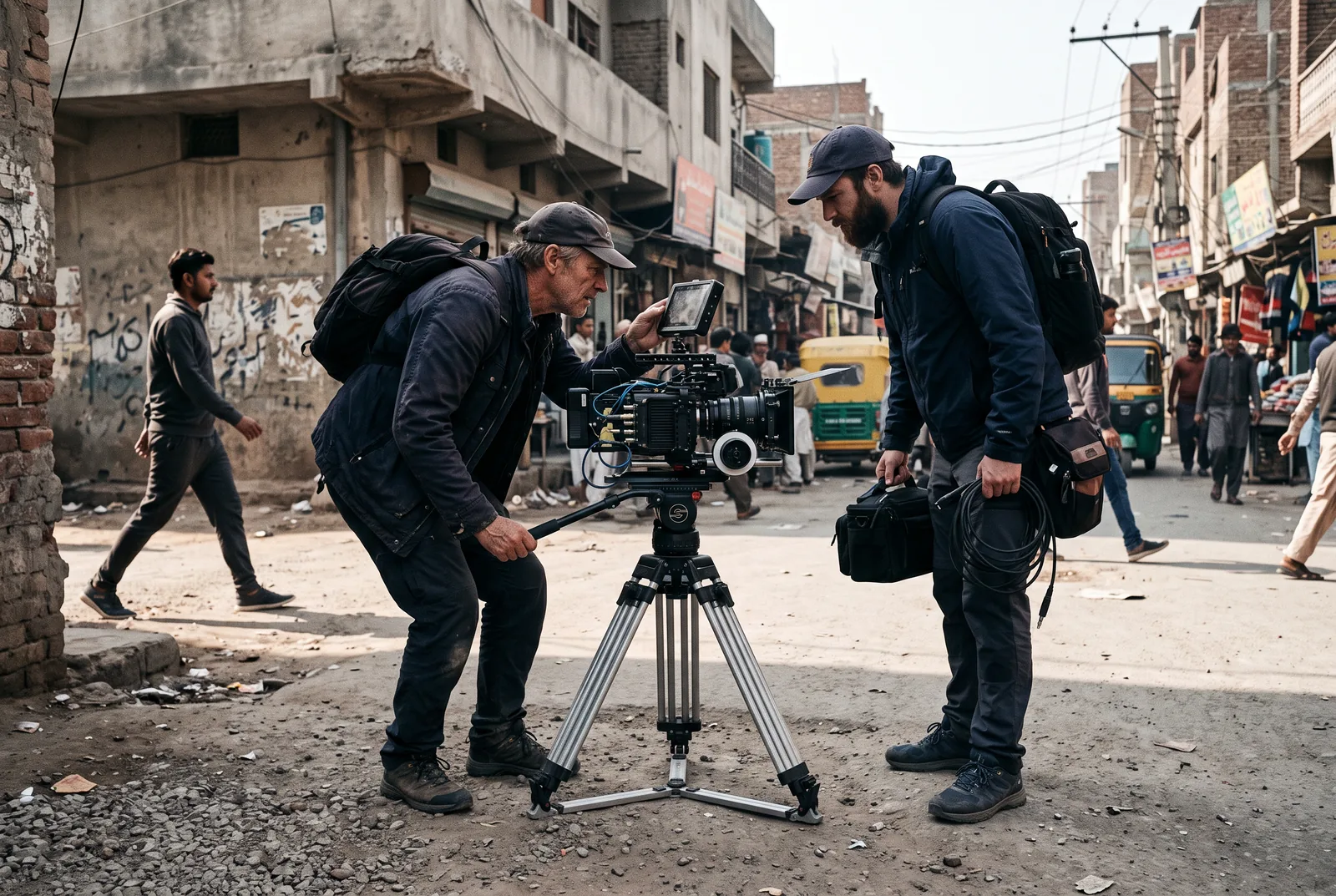Crew filming on location