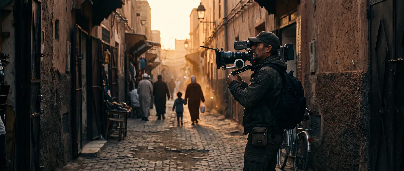 Reporter on assignment at dusk
