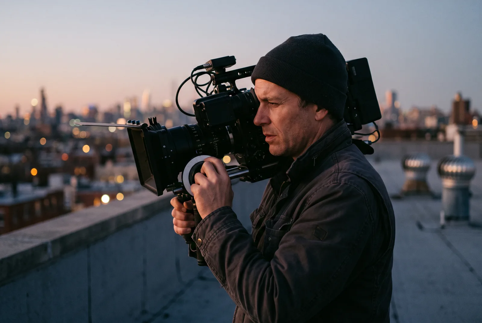 A camera operator in profile filming from a rooftop at dusk with a blurred city behind him