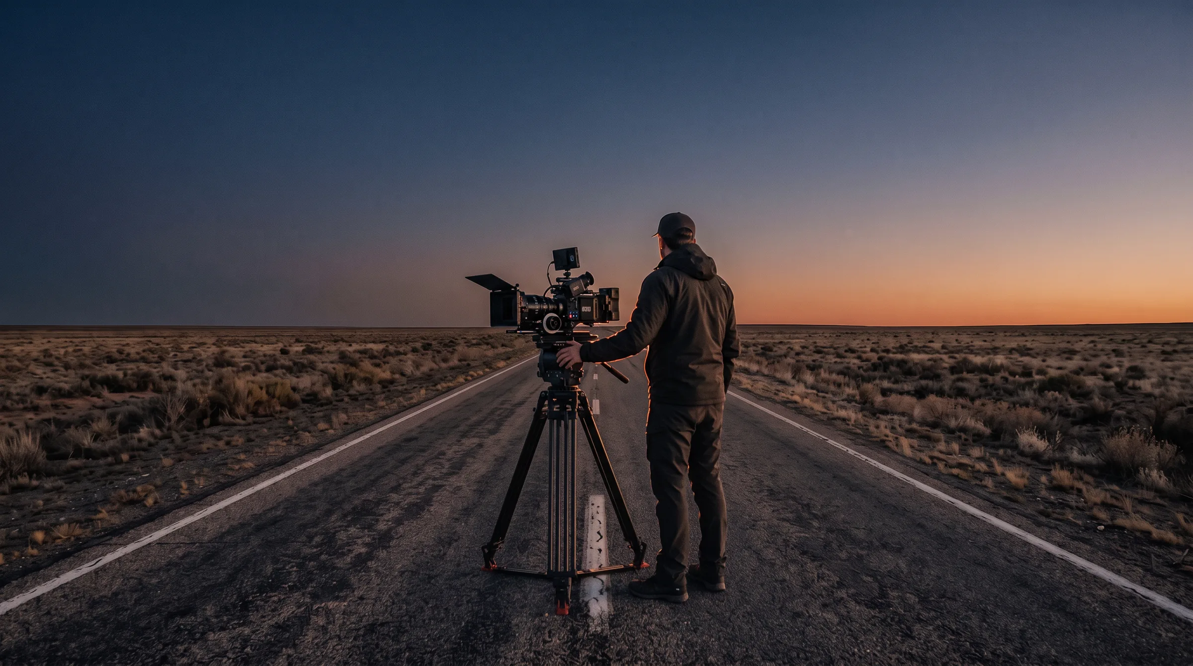 A filmmaker stands beside a cinema camera on a tripod in the middle of a long empty road crossing a dry plain at dusk, under a deep blue sky with a copper horizon