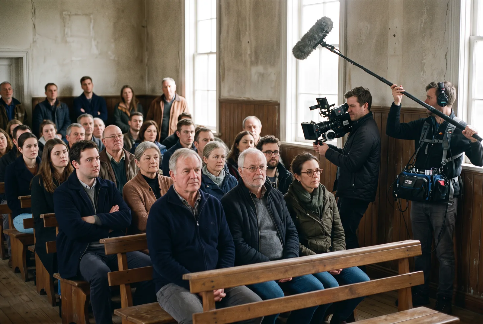 Citizens of mixed ages on wooden benches in a simple meeting hall, filmed by a camera operator and a sound recordist from the side aisle