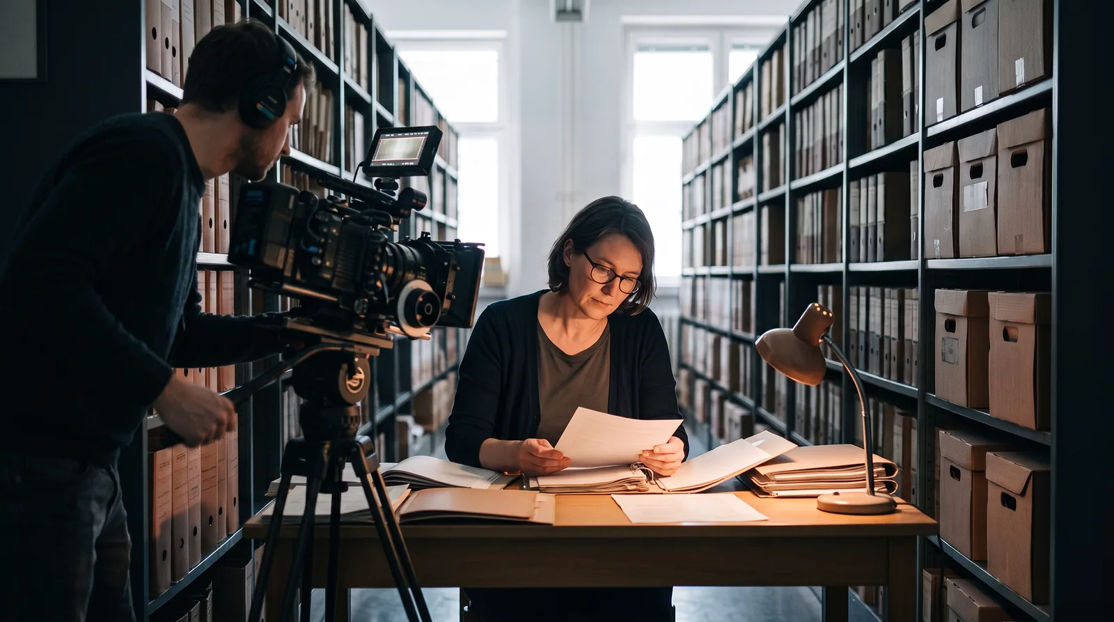 A camera operator films a researcher reading a document at a desk between long aisles of archive shelves