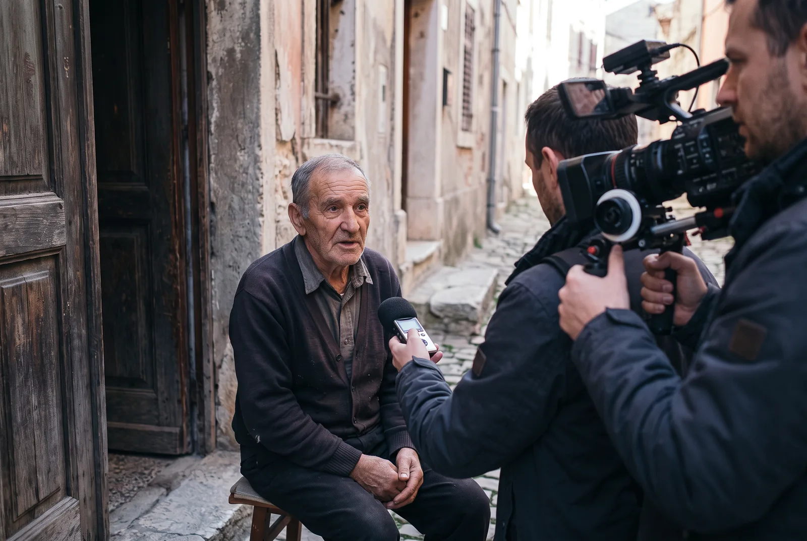 A reporter holds an audio recorder toward an elderly man seated in a doorway while a camera operator films the interview