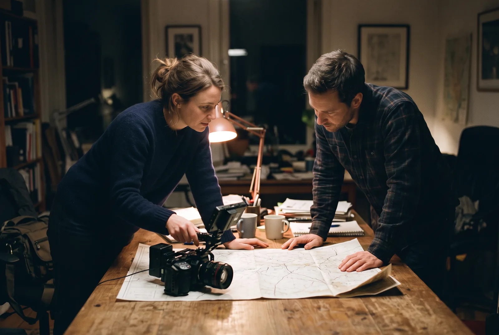 A woman and a man lean over a paper map on a table beside a cinema camera, headphones and mugs