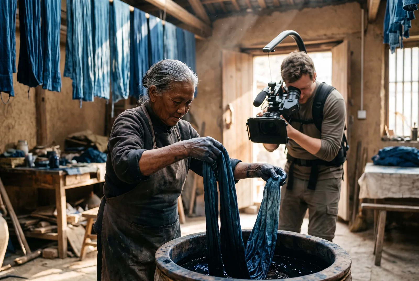 An elderly woman lifts indigo-dyed cloth from a vat in a sunlit workshop while a camera operator films her