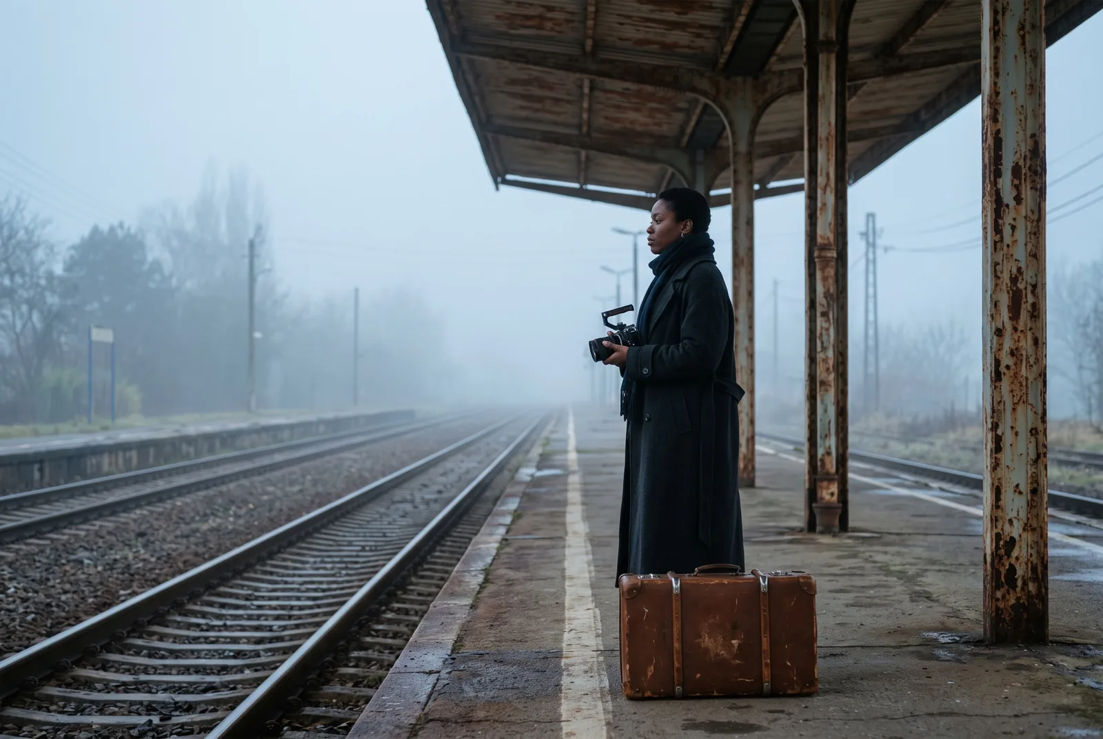 A young woman in a long dark coat holding a small cinema camera stands on a foggy railway platform beside an old leather suitcase