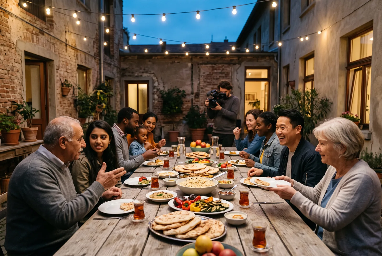 Neighbours of different ages and backgrounds share a meal at a long table in a courtyard under string lights while a camera operator films