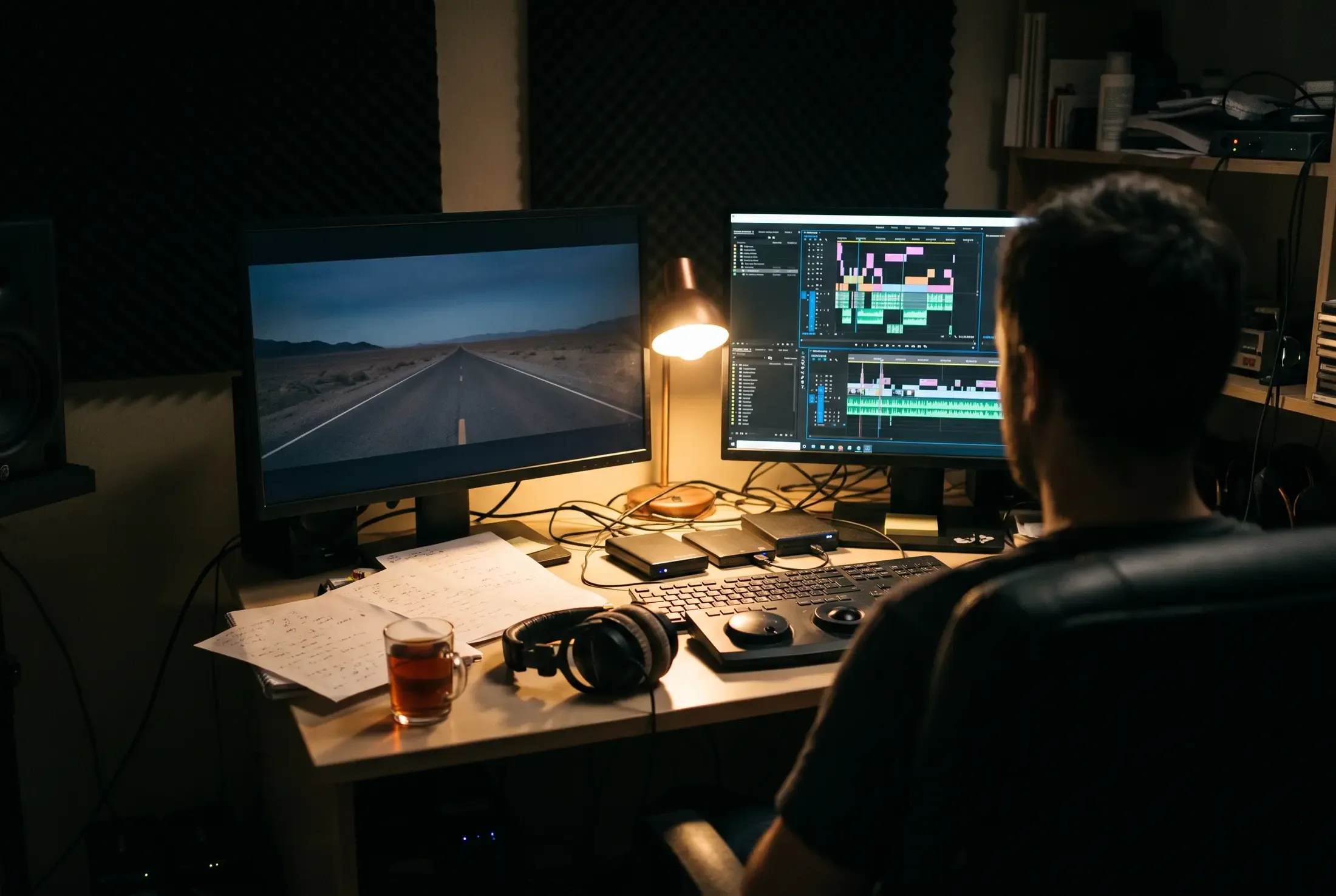 A film editor works late at night in a small edit suite