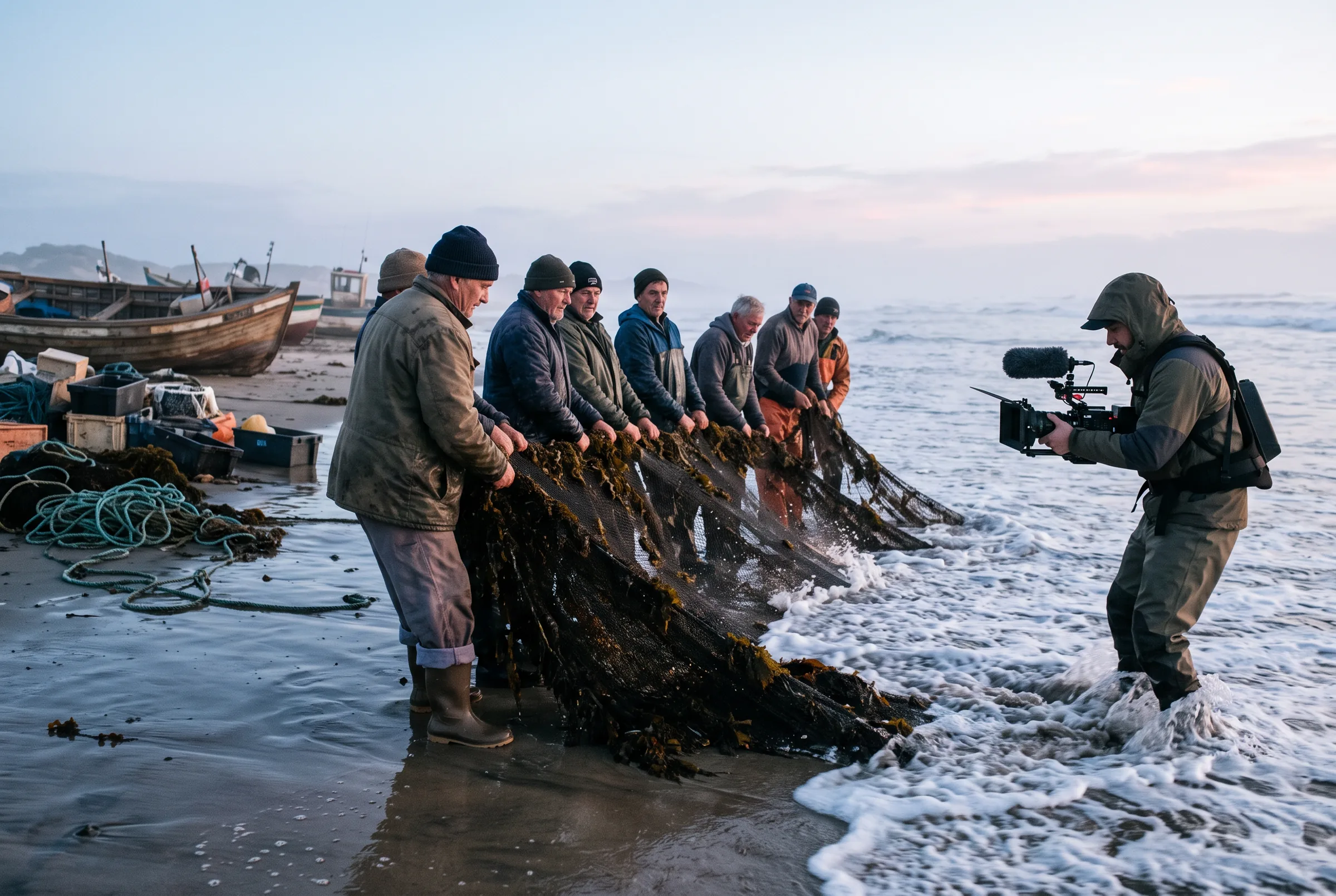 Fishermen haul a net out of the surf at dawn as a camera operator films from the water