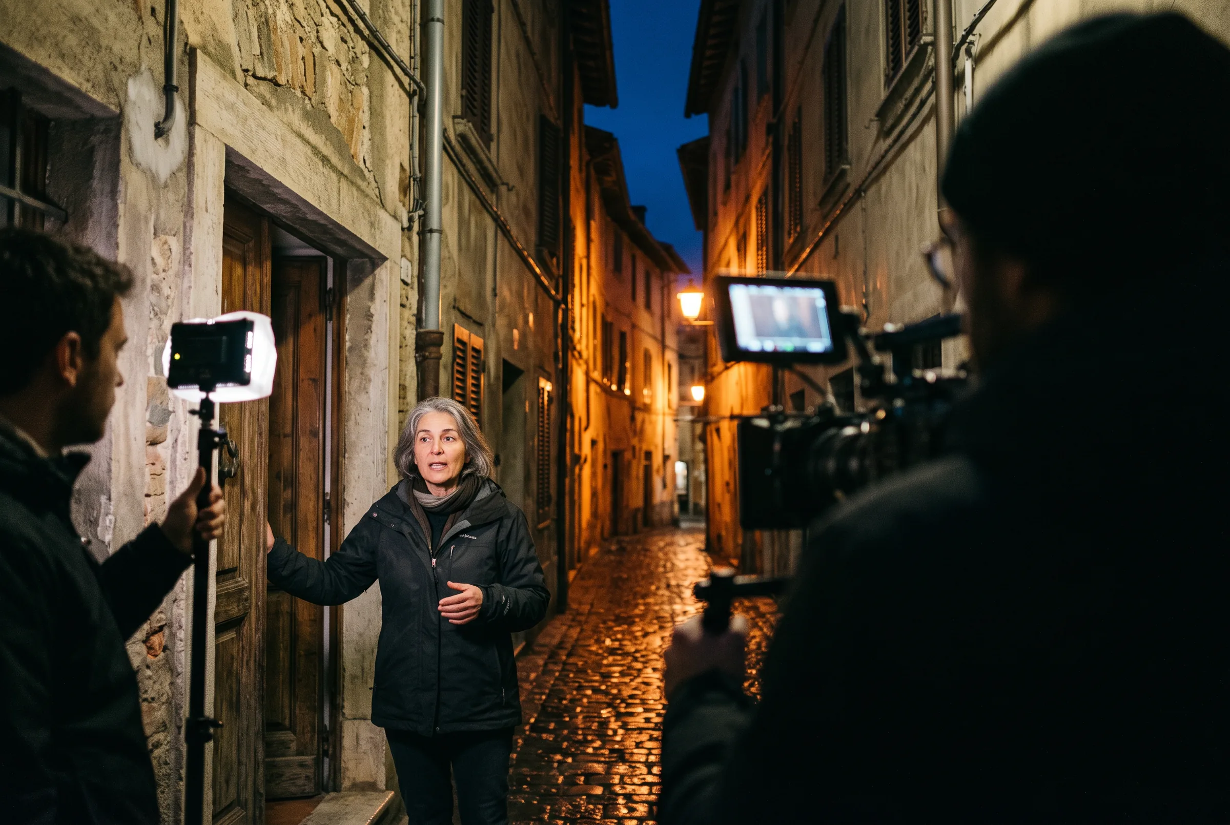 A woman tells her story in a doorway on a cobbled street at night, lit by a small film crew