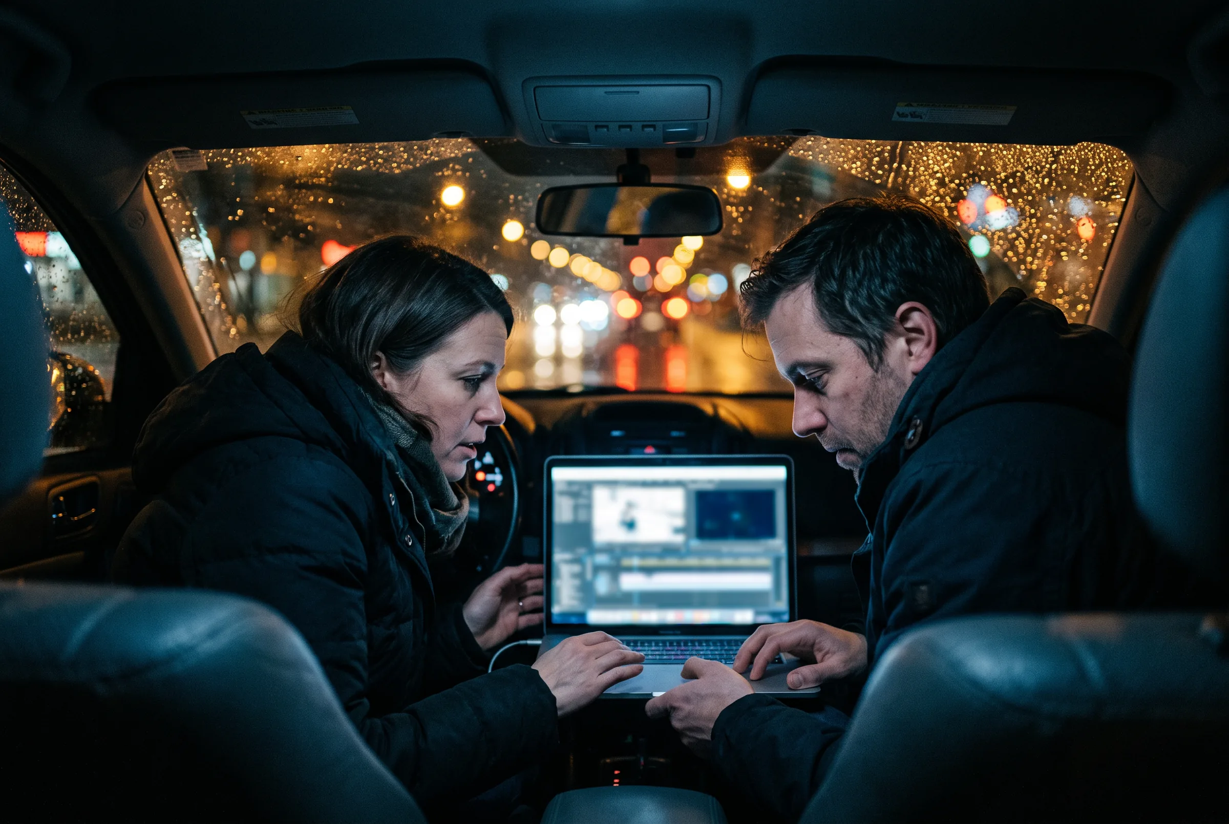 Two producers review footage on a laptop inside a car at night
