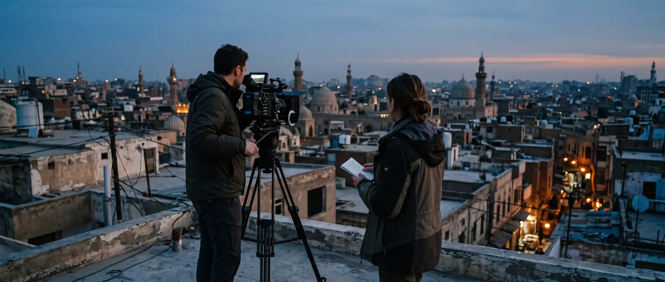 A two-person film crew on a rooftop above an old city of domes and minarets at blue hour
