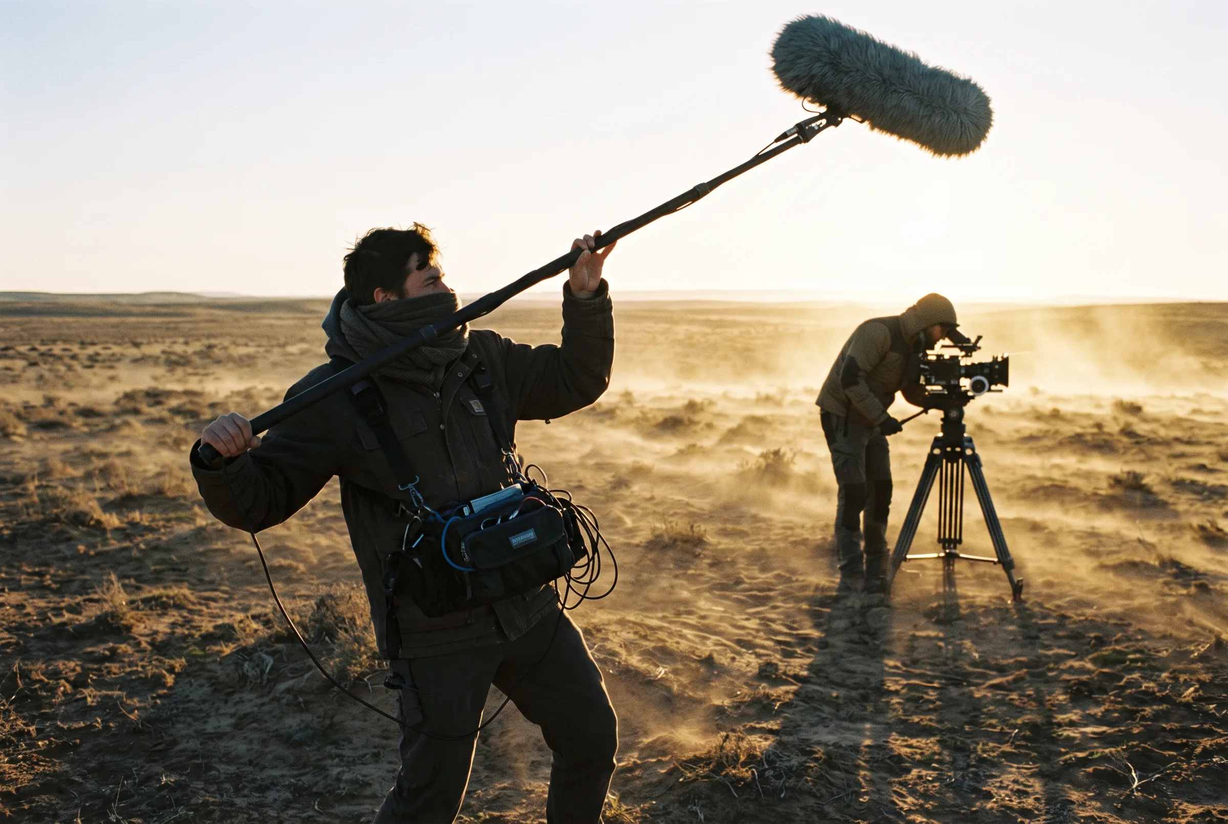 A sound recordist raises a boom microphone in a windswept desert at golden hour while a camera operator films behind him