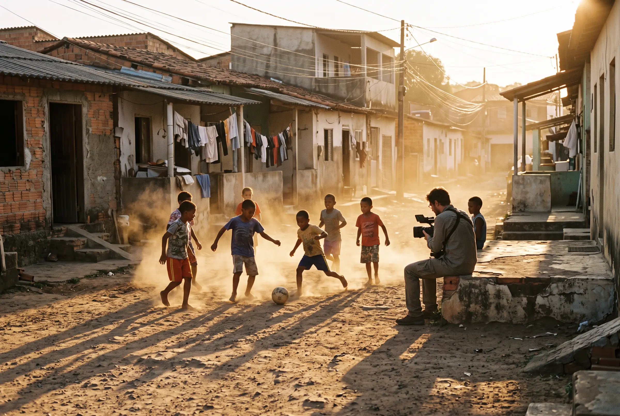 Children play football on a dusty street at sunset while a camera operator films from a doorstep
