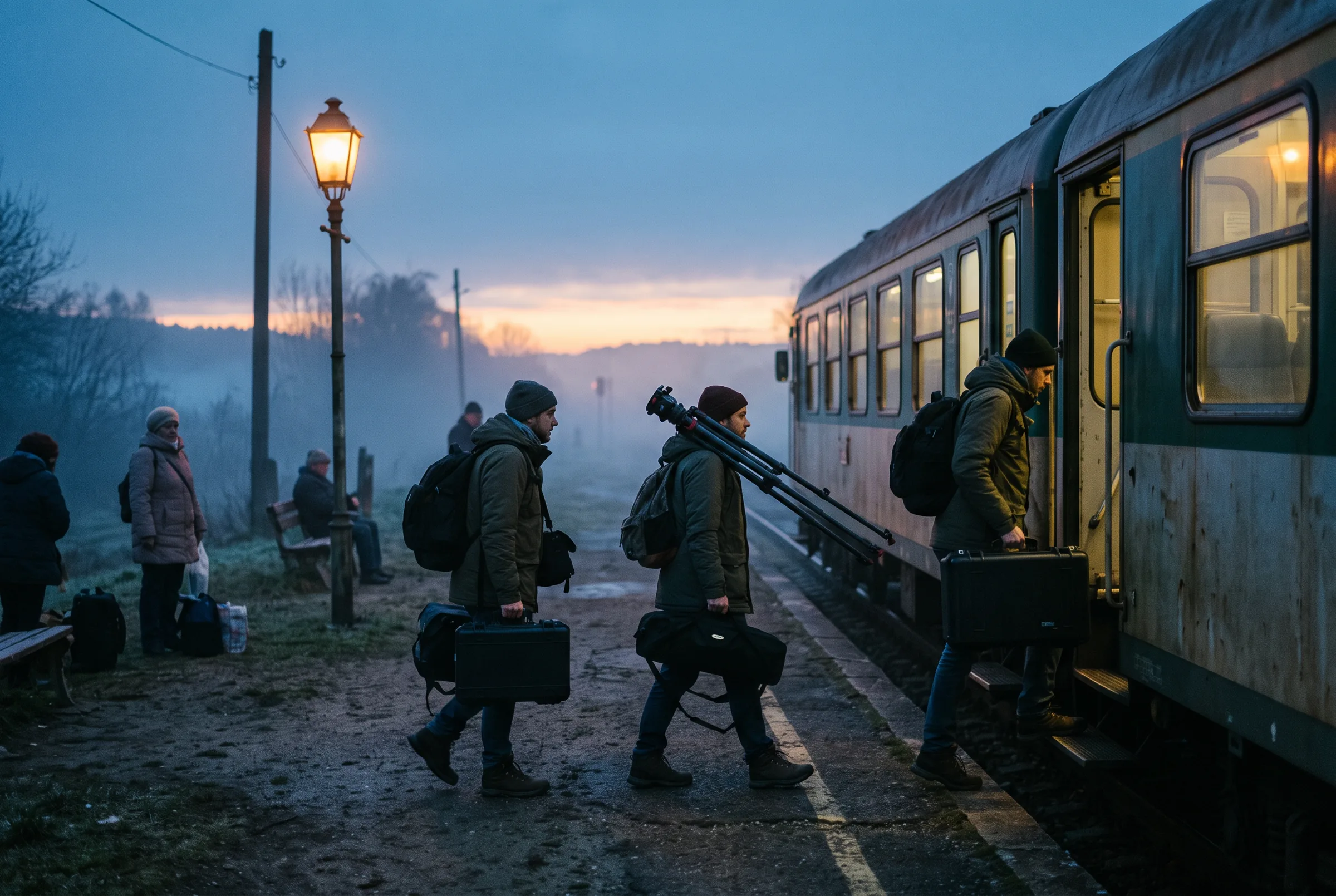 A film crew carries equipment cases onto a train at a misty station at dawn