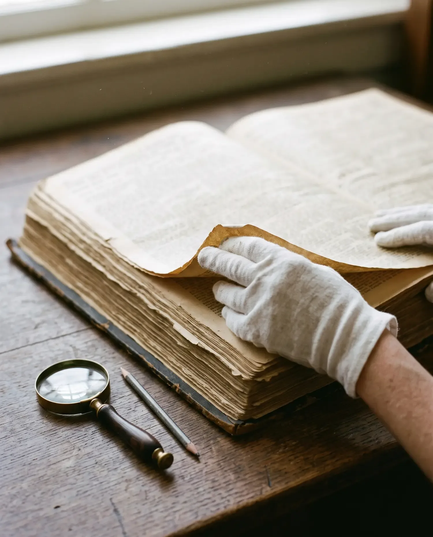 Gloved hands turn the pages of an old bound newspaper archive