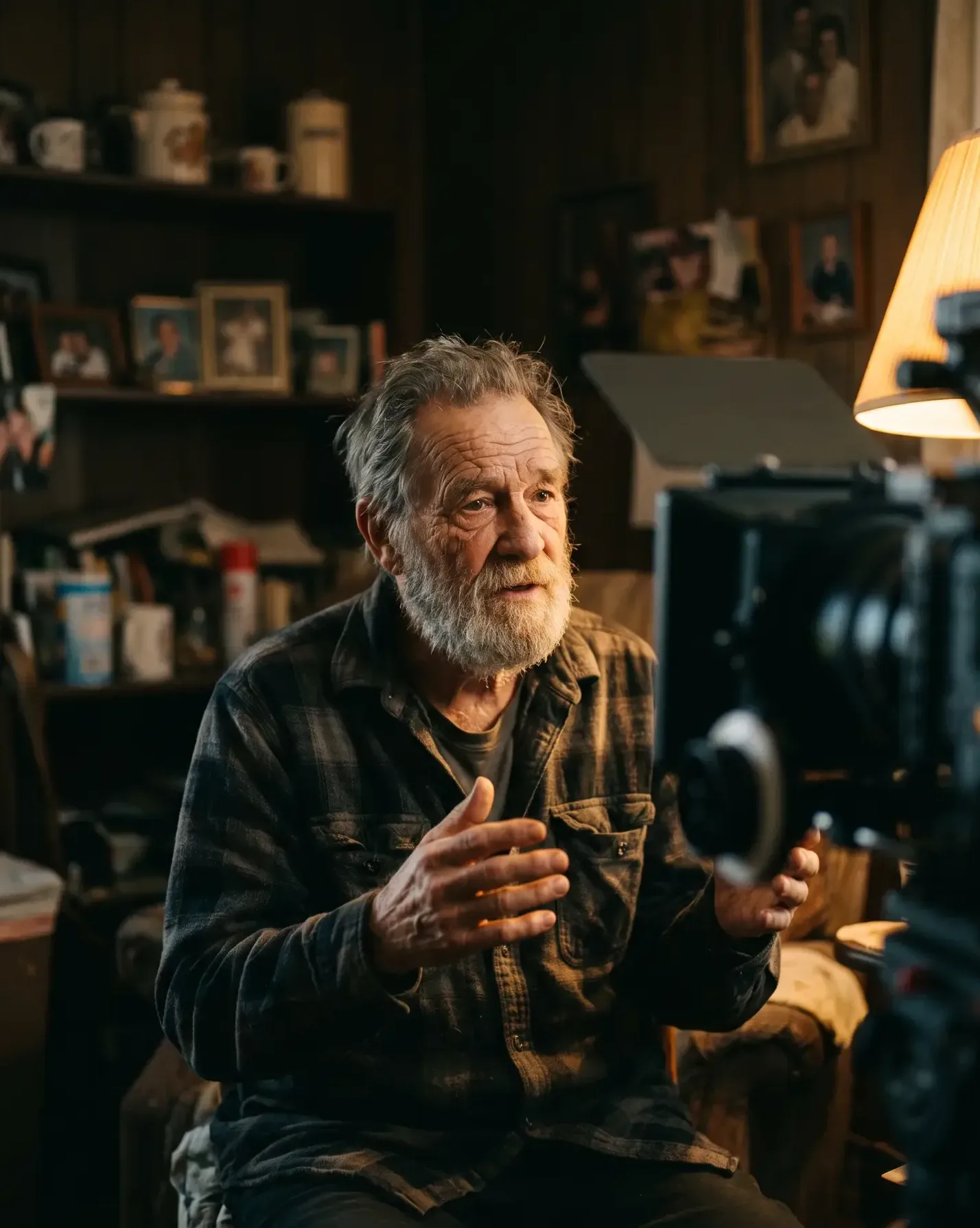 An elderly man tells a story by lamplight while a camera records him