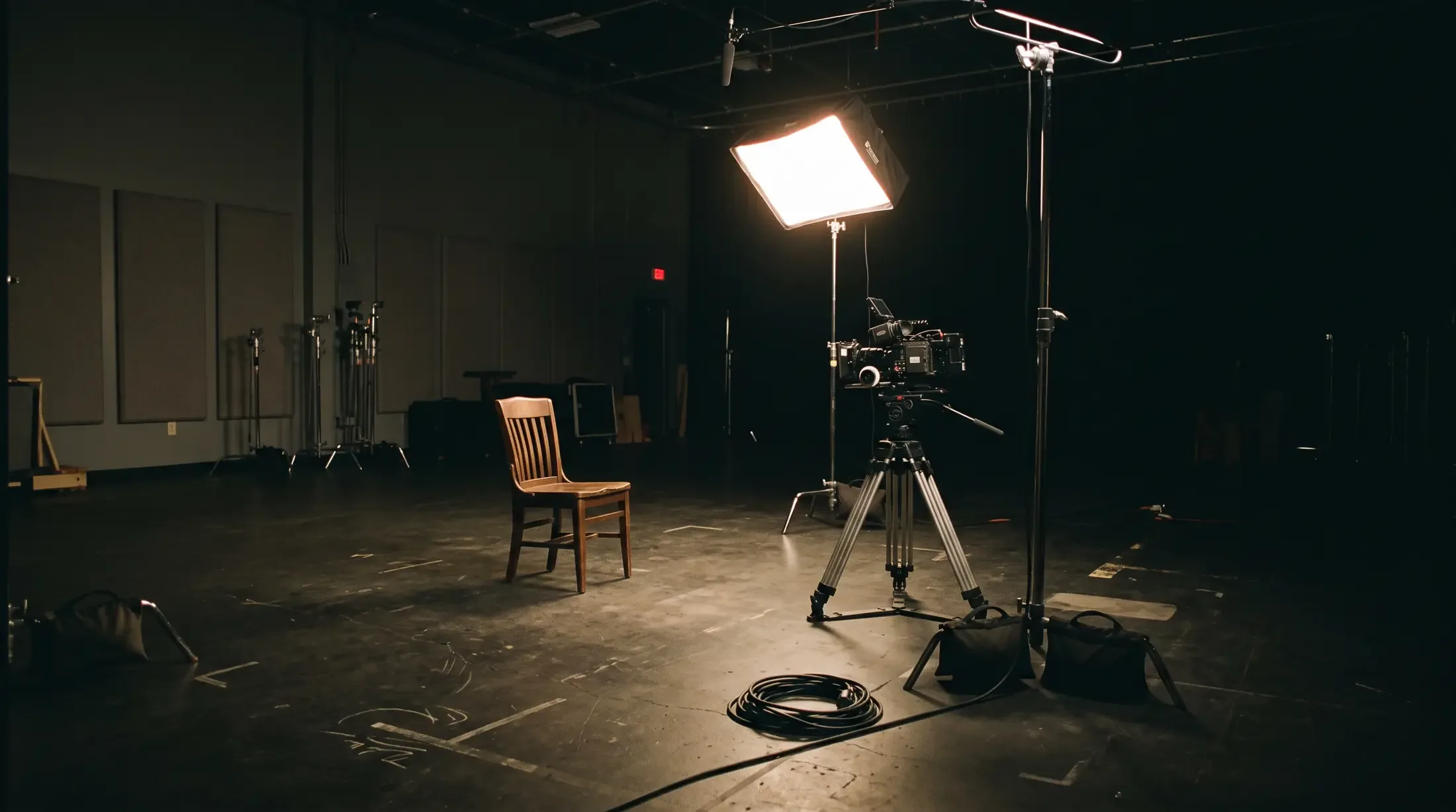 An empty chair facing a camera and a light in a dark studio