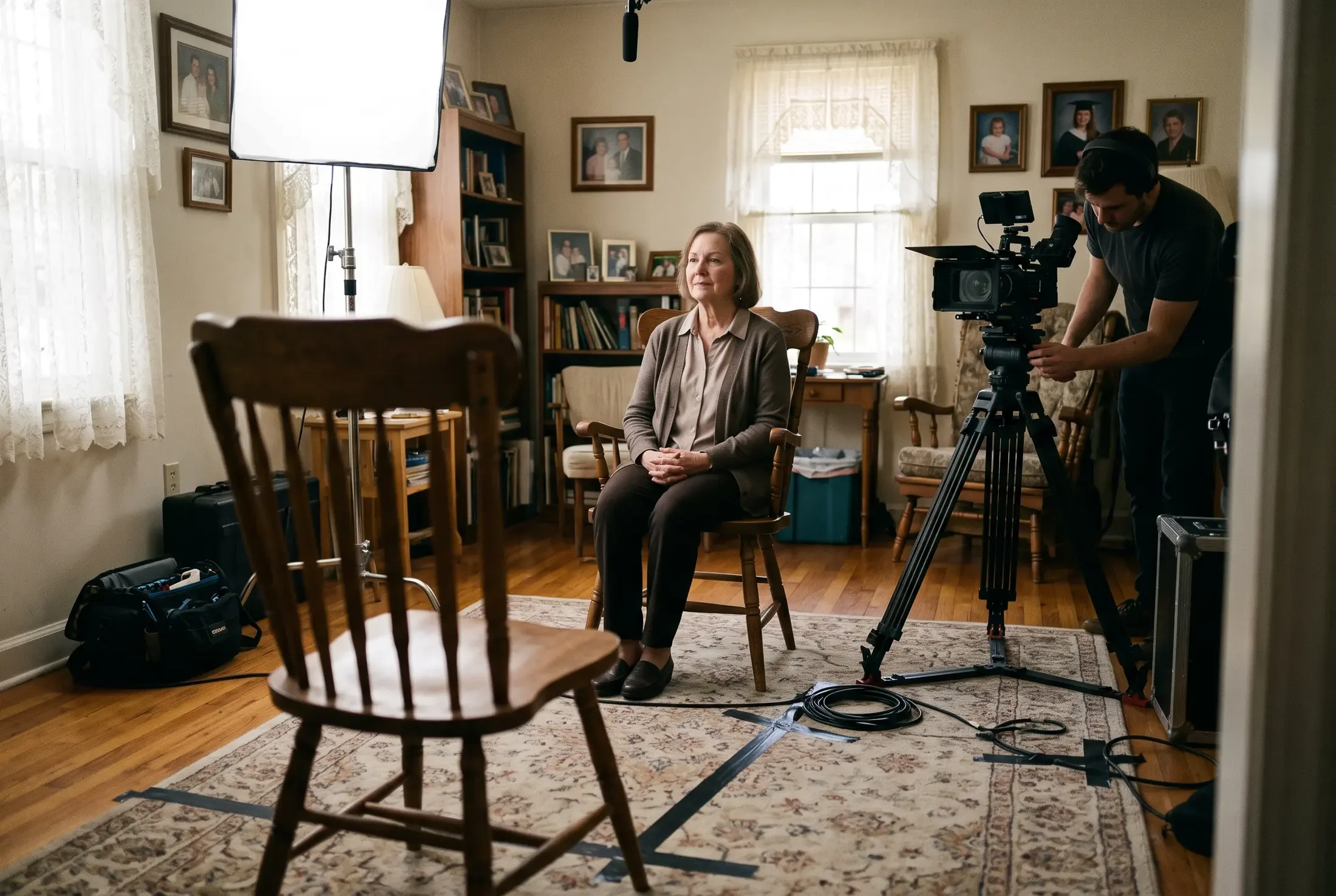 A crew sets up an interview with a woman seated in a family living room