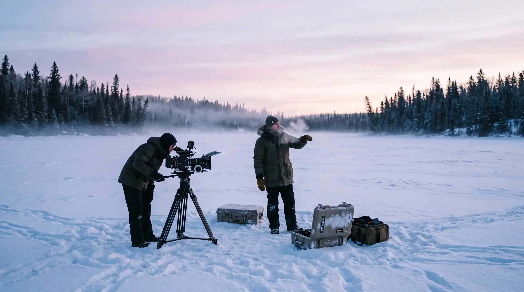 A small film crew with a camera on a tripod on a frozen lake at sunrise