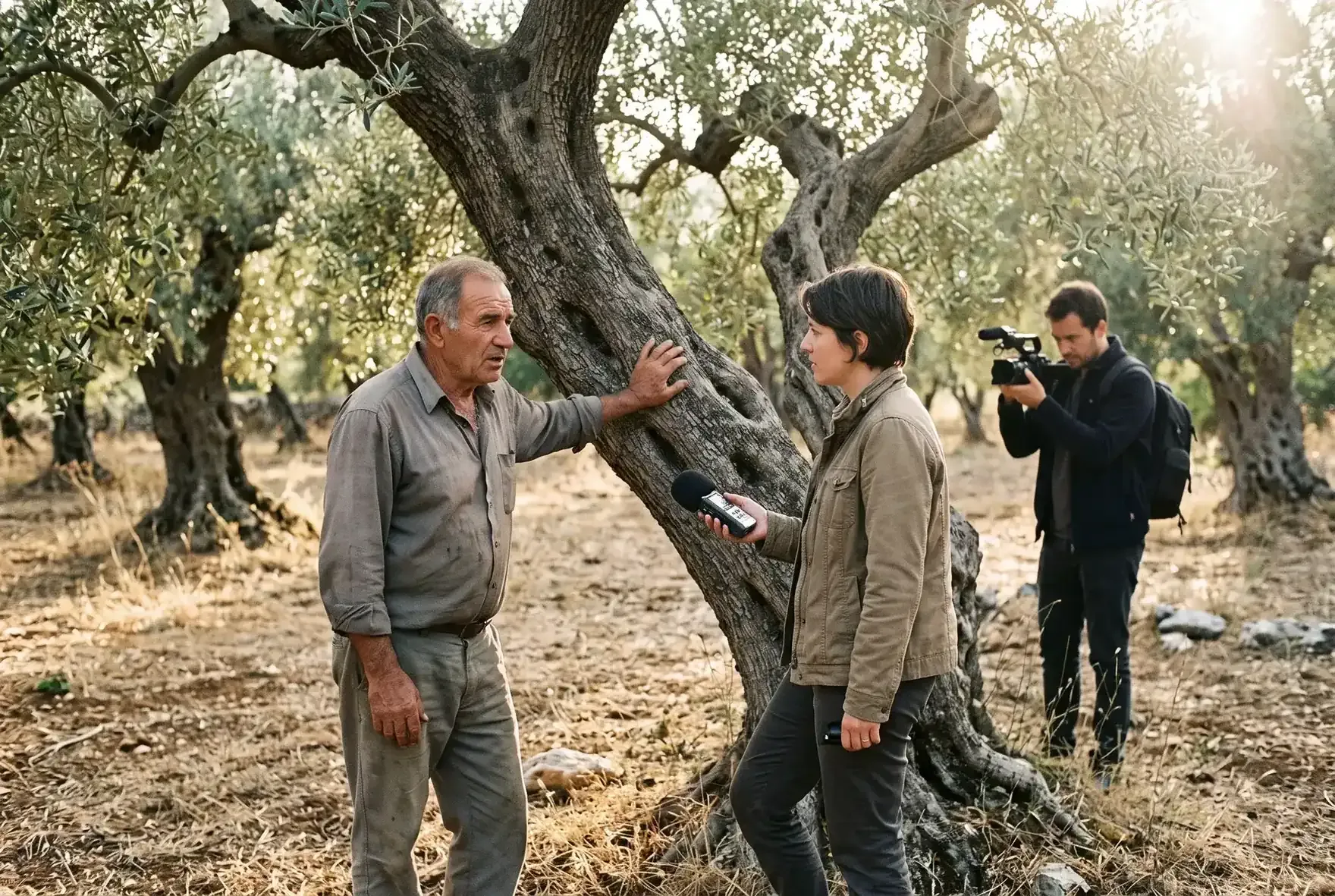 A reporter holds a recorder towards a farmer beside an olive tree while a camera operator films them