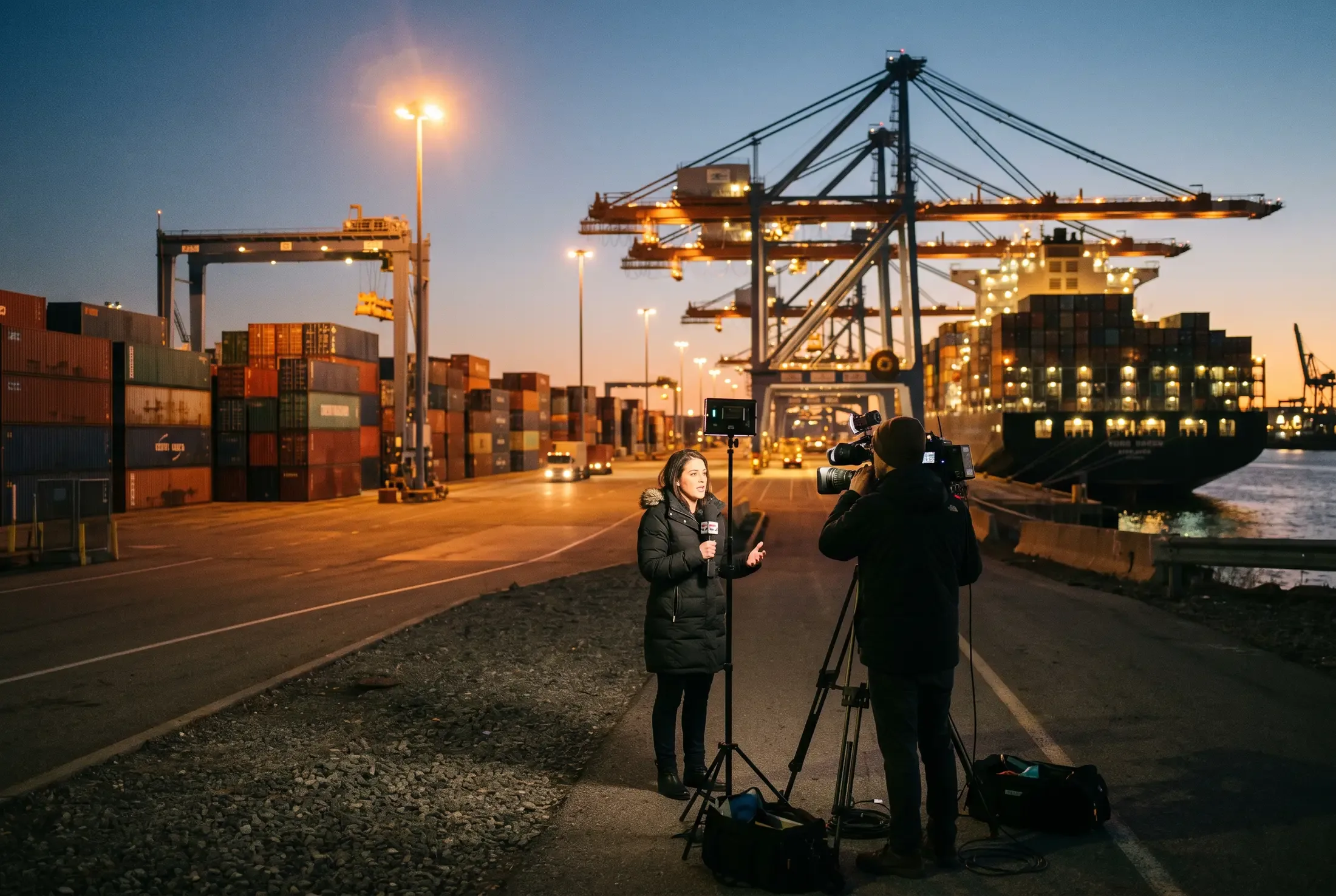 A reporter speaks to camera in a container port at dusk